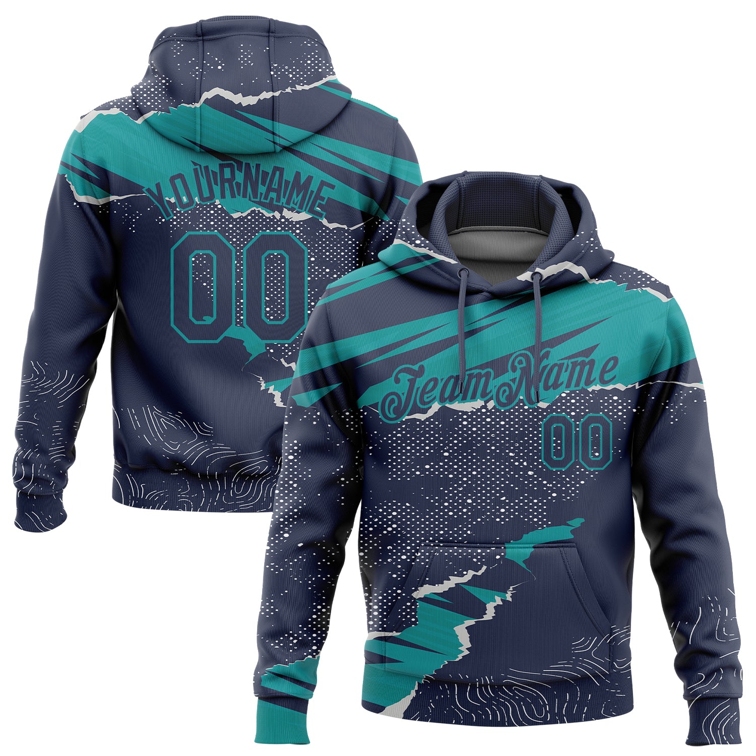 Custom Team Name and Number Sports Hoodie - Personalized Navy Teal 3D Torn Paper Design Pullover Sweatshirt Personalized