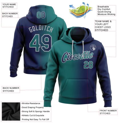 Custom Name and Number Hoodie - Navy Teal-Gray Gradient Sports Pullover Sweatshirt, Personalized Fashion Wear Personalized