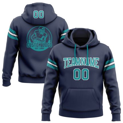Custom Team Name Number Navy Teal-White Football Hoodie Sweatshirt Pullover Personalized Stitched Personalized Stitched Navy