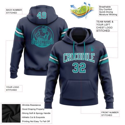 Custom Team Name Number Navy Teal-White Football Hoodie Sweatshirt Pullover Personalized Stitched Personalized Stitched Navy