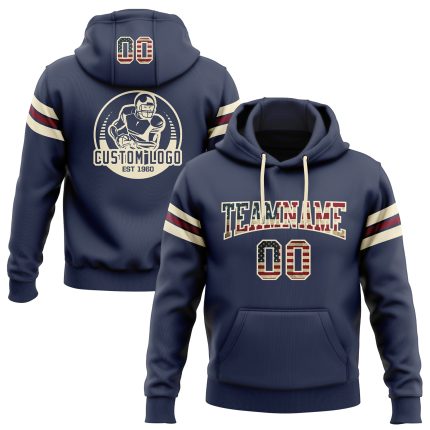 Custom Name Number Vintage USA Flag Navy Hoodie Sweatshirt Cream Crimson Football Pullover Personalized Stitched Navy Vintage
