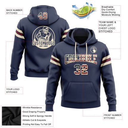 Custom Name Number Vintage USA Flag Navy Hoodie Sweatshirt Cream Crimson Football Pullover Personalized Stitched Navy Vintage