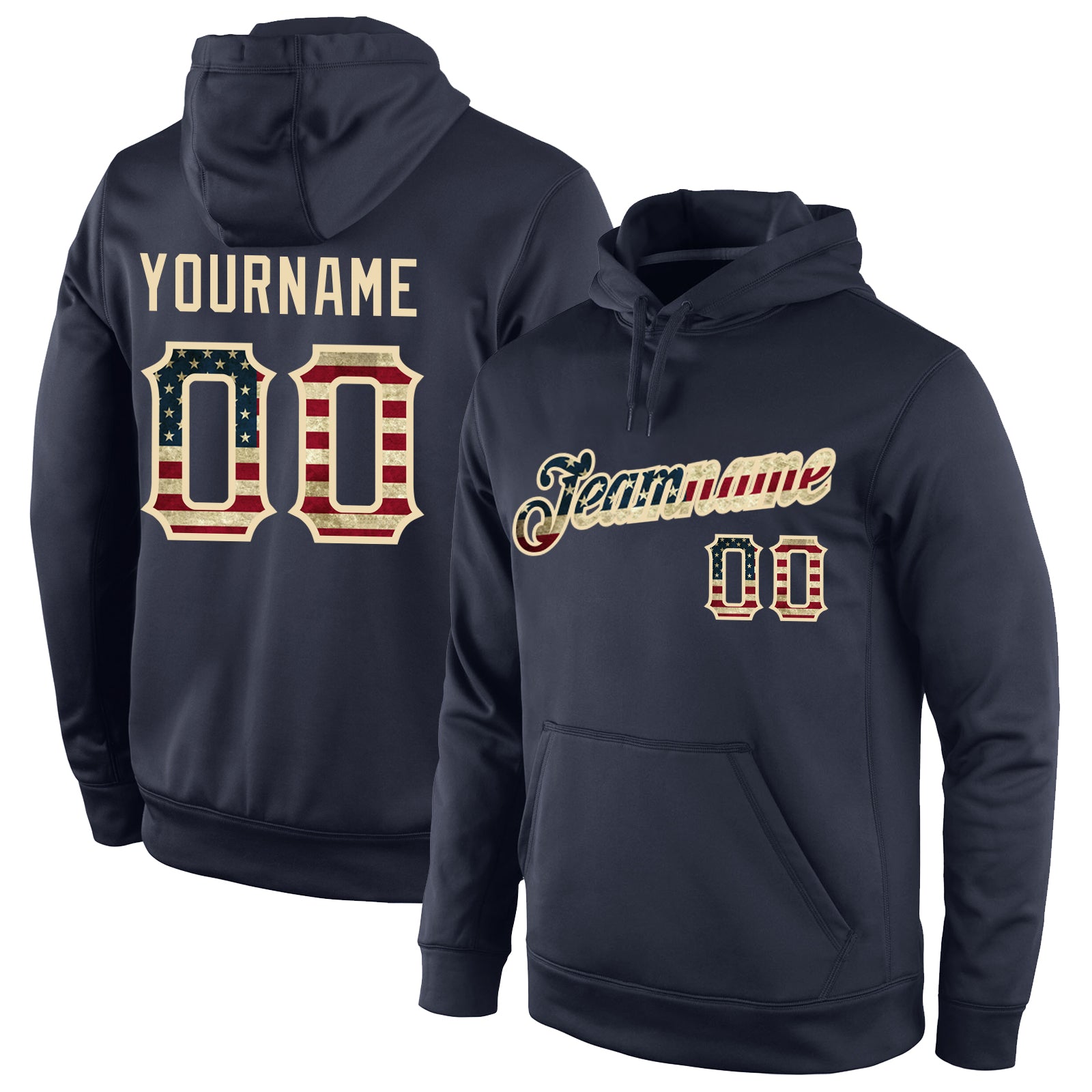 Custom Navy Vintage USA Flag Sports Hoodie Sweatshirt with Stitched Name and Number - Personalized Pullover Personalized