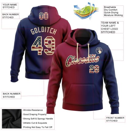 Custom Vintage USA Flag Sweatshirt Hoodie with Personalized Name & Number - Navy Maroon Cream Pullover for Sports Teams Personalized