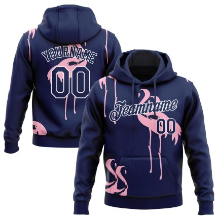 Custom Name Number Flamingo Sports Pullover Hoodie Personalized 3D Pattern Navy-White Sweatshirt Personalized Stitched Navy-White