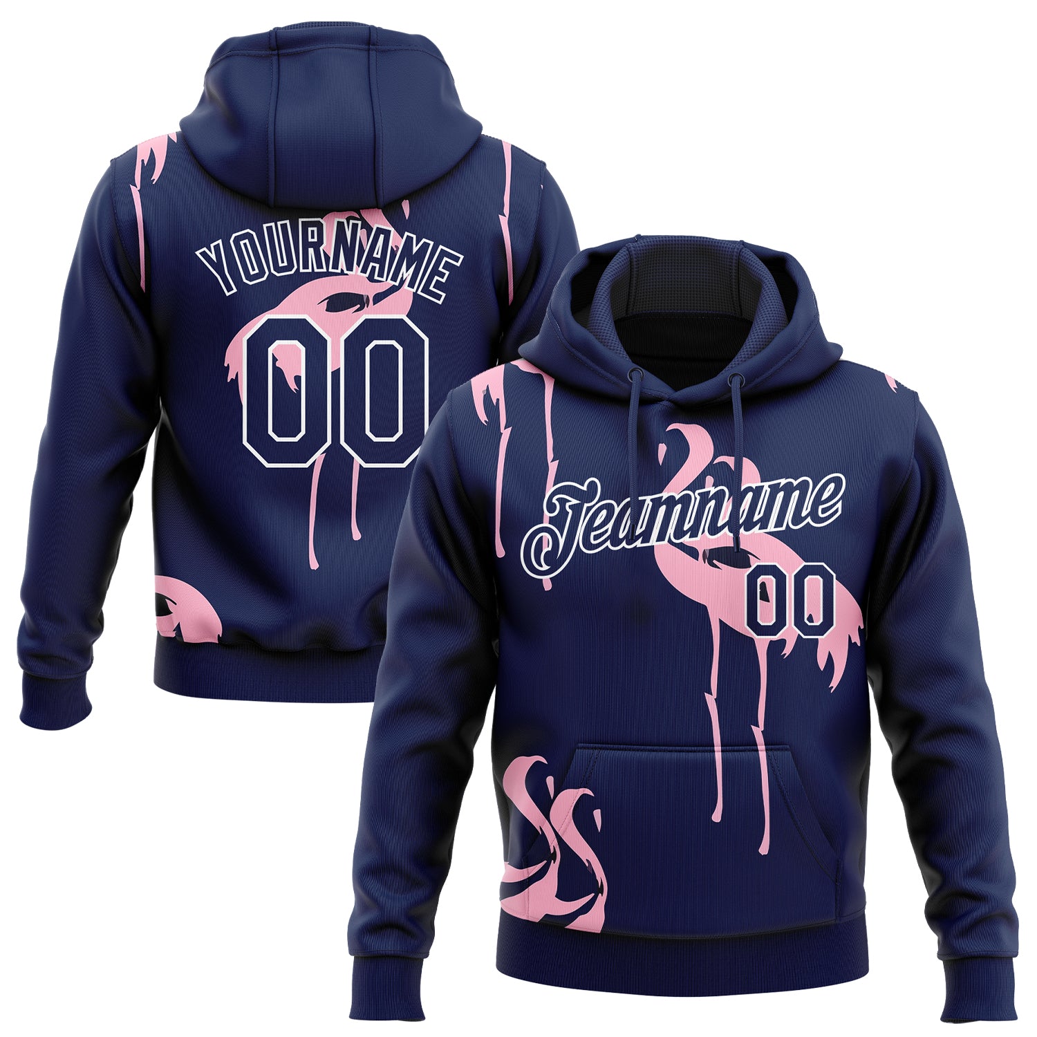 Custom Name Number Flamingo Sports Pullover Hoodie Personalized 3D Pattern Navy-White Sweatshirt Personalized Stitched Navy-White