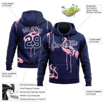 Custom Name Number Flamingo Sports Pullover Hoodie Personalized 3D Pattern Navy-White Sweatshirt Personalized Stitched Navy-White