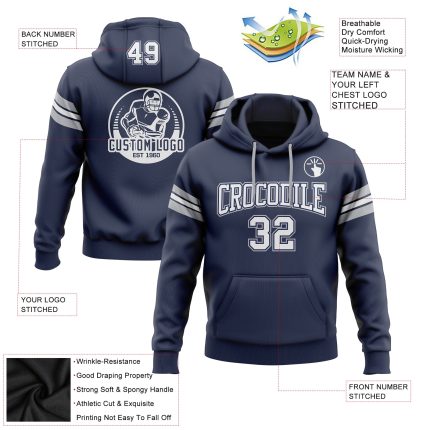 Custom Team Name and Number Football Hoodie Pullover Sweatshirt - Personalized Stitched Navy White-Gray Personalized Stitched