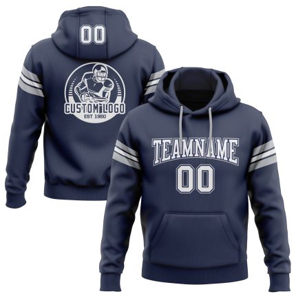 Custom Team Name and Number Football Hoodie Pullover Sweatshirt - Personalized Stitched Navy White-Gray Personalized Stitched