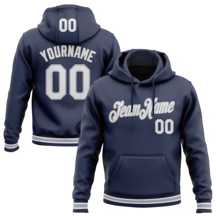 Custom Personalized Sports Hoodie - Navy White-Gray Stitched Pullover Sweatshirt with Team Name and Number Personalized Stitched