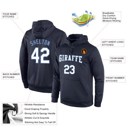 Personalized Custom Team Name Number Hoodie Sweatshirt Pullover Navy Light Blue Stitched Sports Personalized Stitched Navy