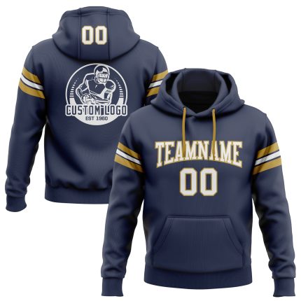 Custom Team Football Hoodie with Personalized Name and Number - Stitched Navy and Old Gold Pullover Sweatshirt Personalized