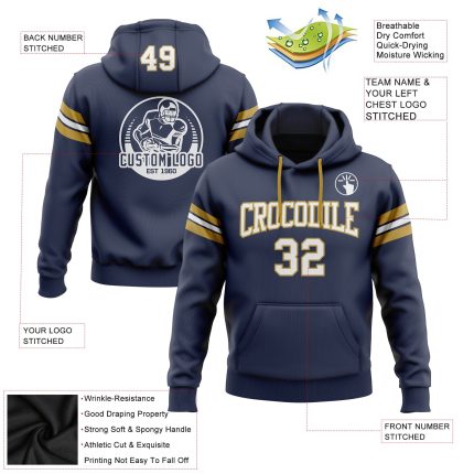 Custom Team Football Hoodie with Personalized Name and Number - Stitched Navy and Old Gold Pullover Sweatshirt Personalized