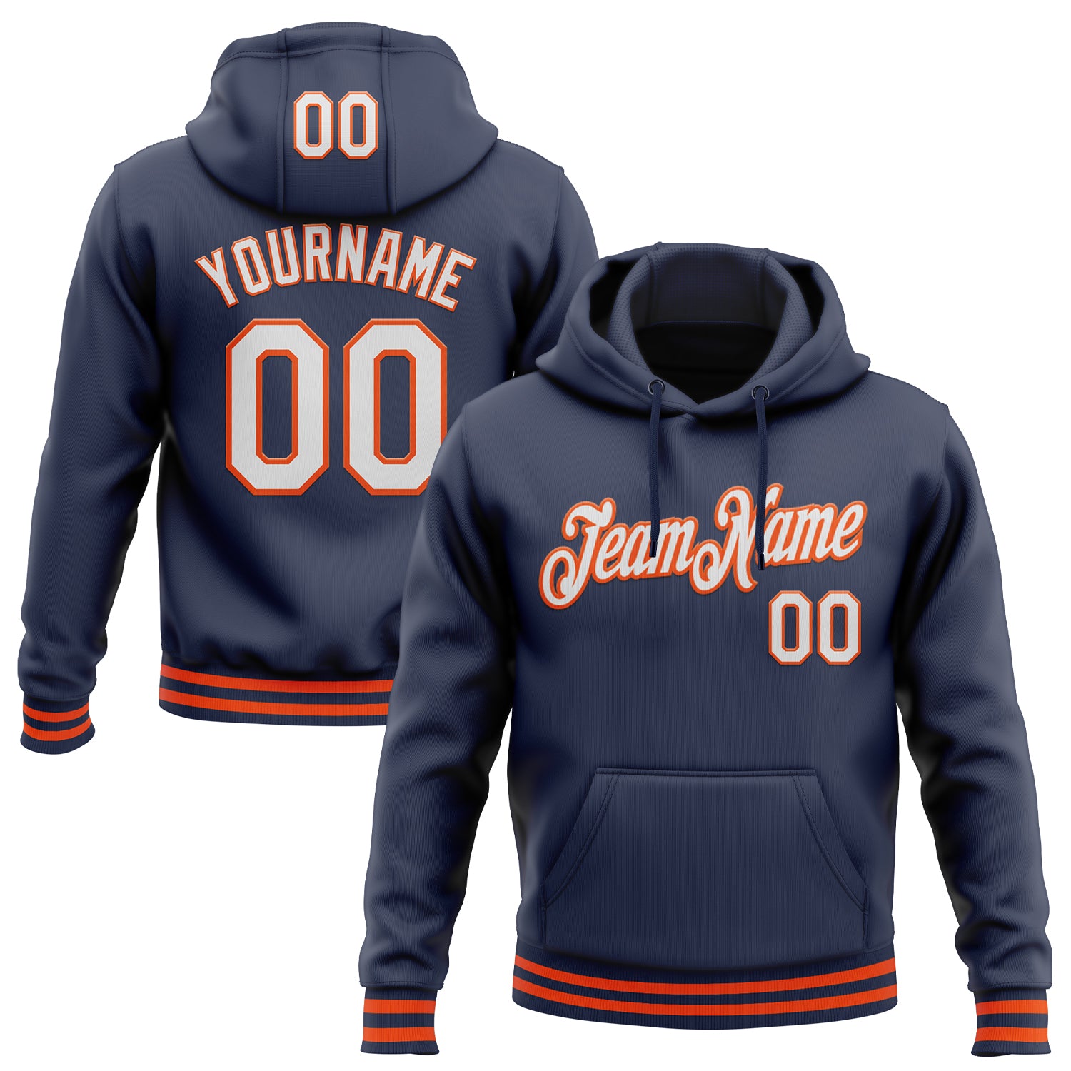 Custom Navy White Orange Sports Hoodie Pullover Sweatshirt - Personalized Stitched Design Personalized Stitched Navy White-Orange