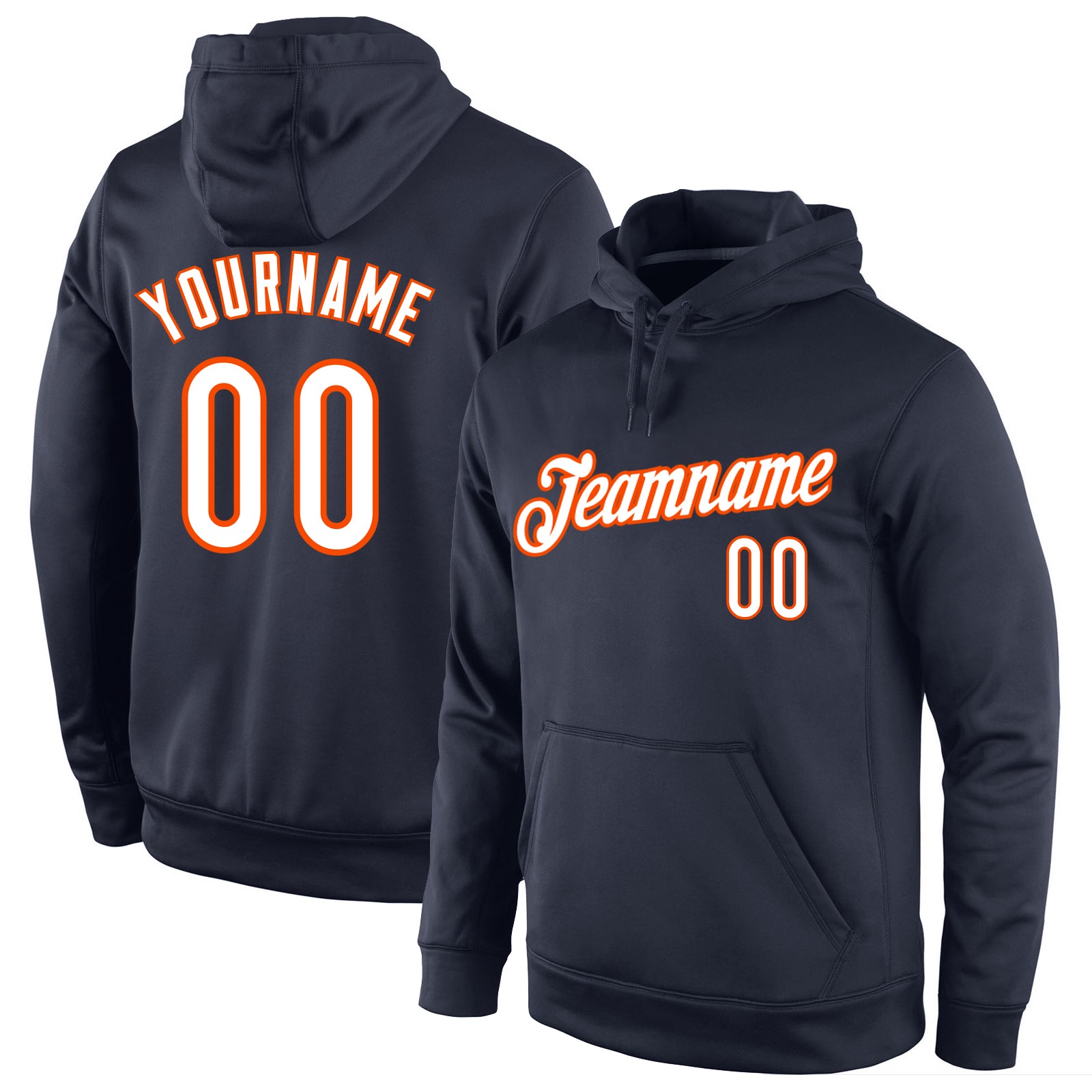 Custom Name Number Navy Orange White Sports Hoodie Pullover Sweatshirt - Personalized Team Apparel Personalized Stitched