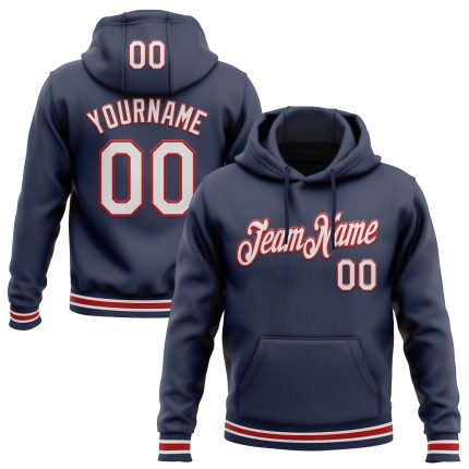 Personalized Navy Red White Sports Hoodie Pullover Sweatshirt for Men and Women Personalized Stitched Navy White-Red Sports