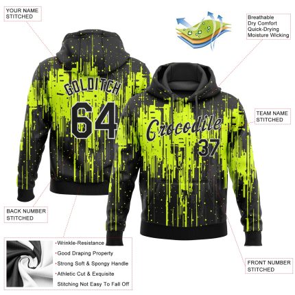 Custom Team Hoodie Personalized with Name & Number, Neon Green Black-White 3D Pattern Sports Pullover Sweatshirt Personalized