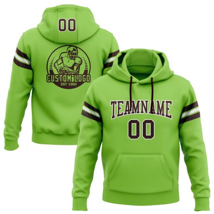 Custom Football Hoodie with Personalized Name & Number - Neon Green & Brown-White Pullover Sweatshirt Personalized Stitched