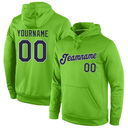 Custom Neon Green Navy-Gray Sports Hoodie with Personalized Name and Number - Stitched Pullover Sweatshirt Personalized Stitched