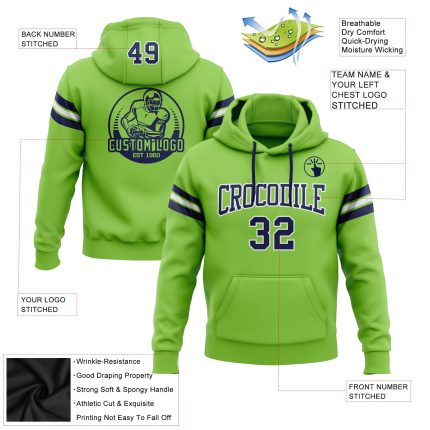 Custom Neon Green Navy White Football Hoodie with Stitched Name and Number, Personalized Pullover Sweatshirt Personalized