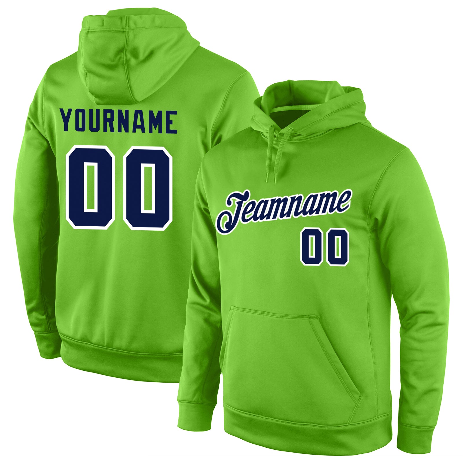 Custom Neon Green Navy-White Sports Hoodie with Personalized Name and Number - Stitched Pullover Sweatshirt Personalized