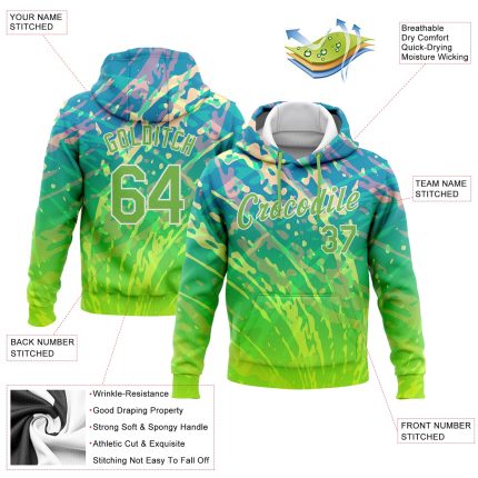 Custom Name and Number Neon Green 3D Pattern Sports Hoodie Sweatshirt with Stitched Abstract Curve Design Personalized Stitched