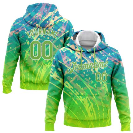 Custom Name and Number Neon Green 3D Pattern Sports Hoodie Sweatshirt with Stitched Abstract Curve Design Personalized Stitched