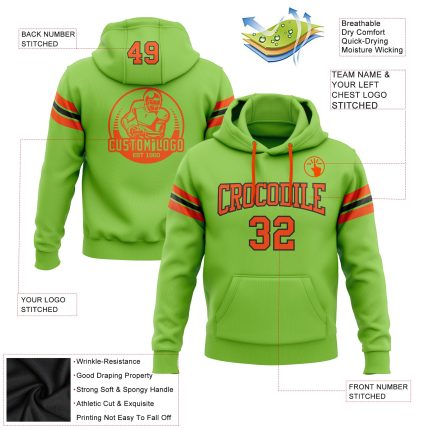 Custom Team Hoodie with Personalized Name & Number, Neon Green and Orange-Black Stitched Pullover Sweatshirt Personalized