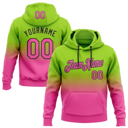 Custom Team Hoodie with Name and Number, Neon Green Pink-Black Fade Stitched Sports Pullover Sweatshirt Personalized Stitched