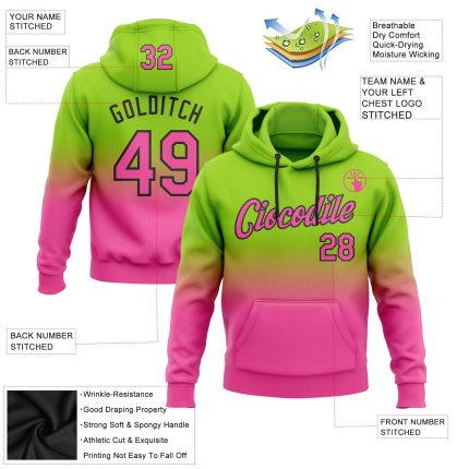 Custom Team Hoodie with Name and Number, Neon Green Pink-Black Fade Stitched Sports Pullover Sweatshirt Personalized Stitched