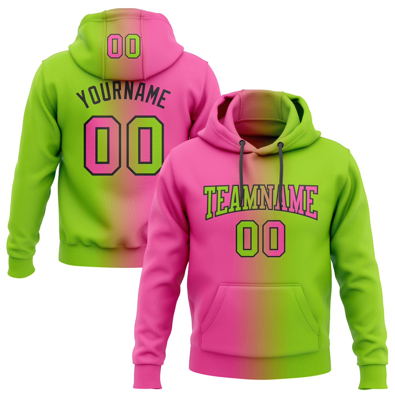 Custom Team Name Number Neon Green Pink Black Gradient Pullover Hoodie Sweatshirt Fashion Sports Apparel Personalized Stitched