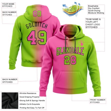 Custom Team Name Number Neon Green Pink Black Gradient Pullover Hoodie Sweatshirt Fashion Sports Apparel Personalized Stitched