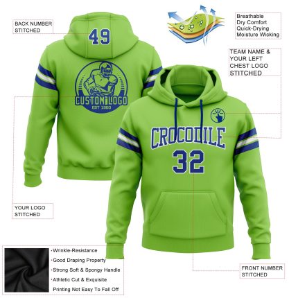 Custom Team Name Number Neon Green Royal White Hoodie Sweatshirt Pullover Personalized Stitched Football Apparel Personalized