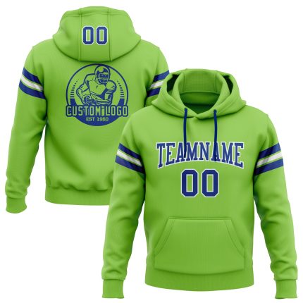 Custom Team Name Number Neon Green Royal White Hoodie Sweatshirt Pullover Personalized Stitched Football Apparel Personalized