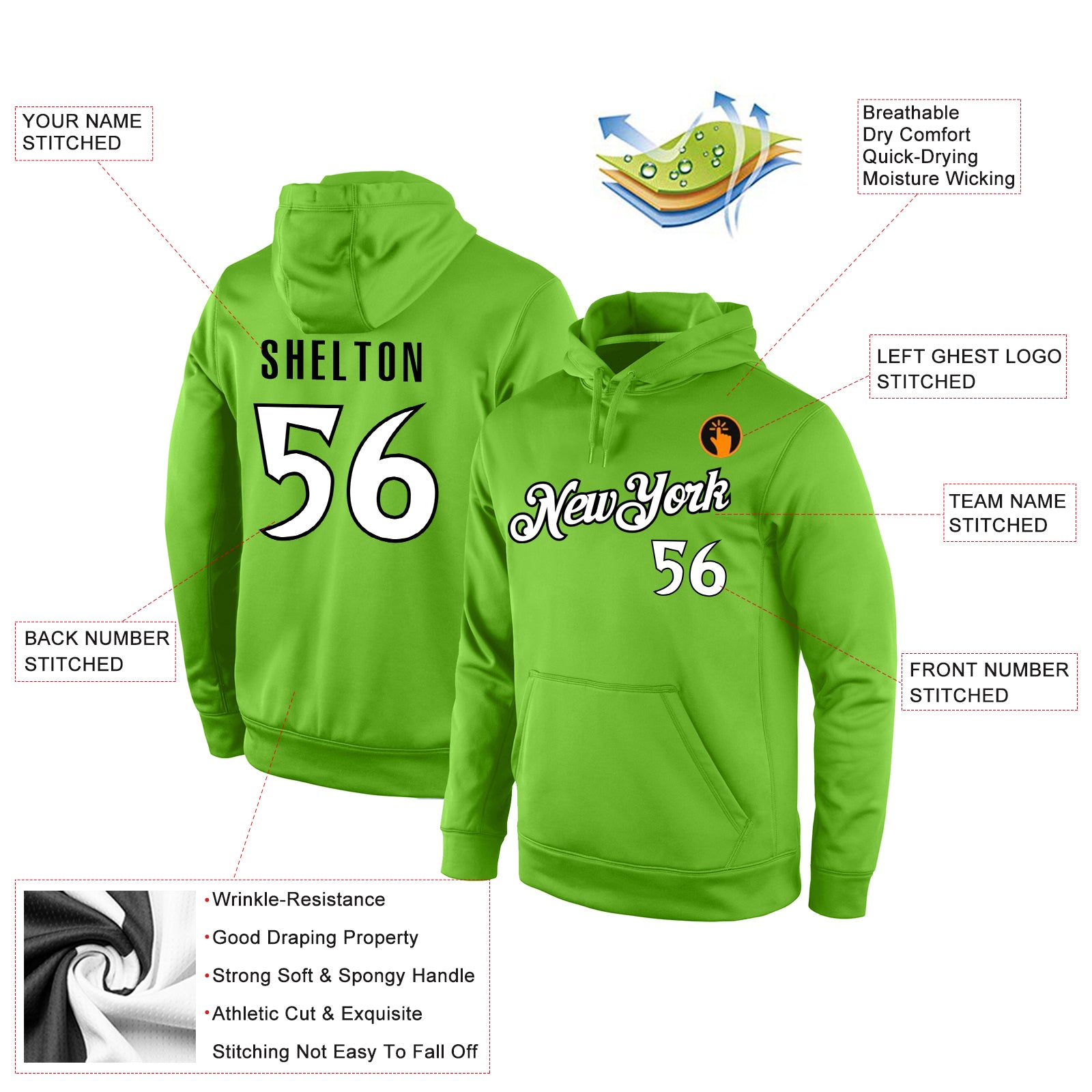 Personalized Stitched Neon Green White-Black Sports Pullover Sweatshirt Hoodie Team Custom Name and Number Custom Team Hoodie with Personalized Name & Number - Neon Green White-Black Sports Pullover Sweatshirt Personalized Stitched - Image 4