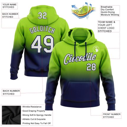 Custom Stitched Hoodie with Team Name & Number - Neon Green White-Navy Fade Fashion Sports Pullover Sweatshirt Personalized