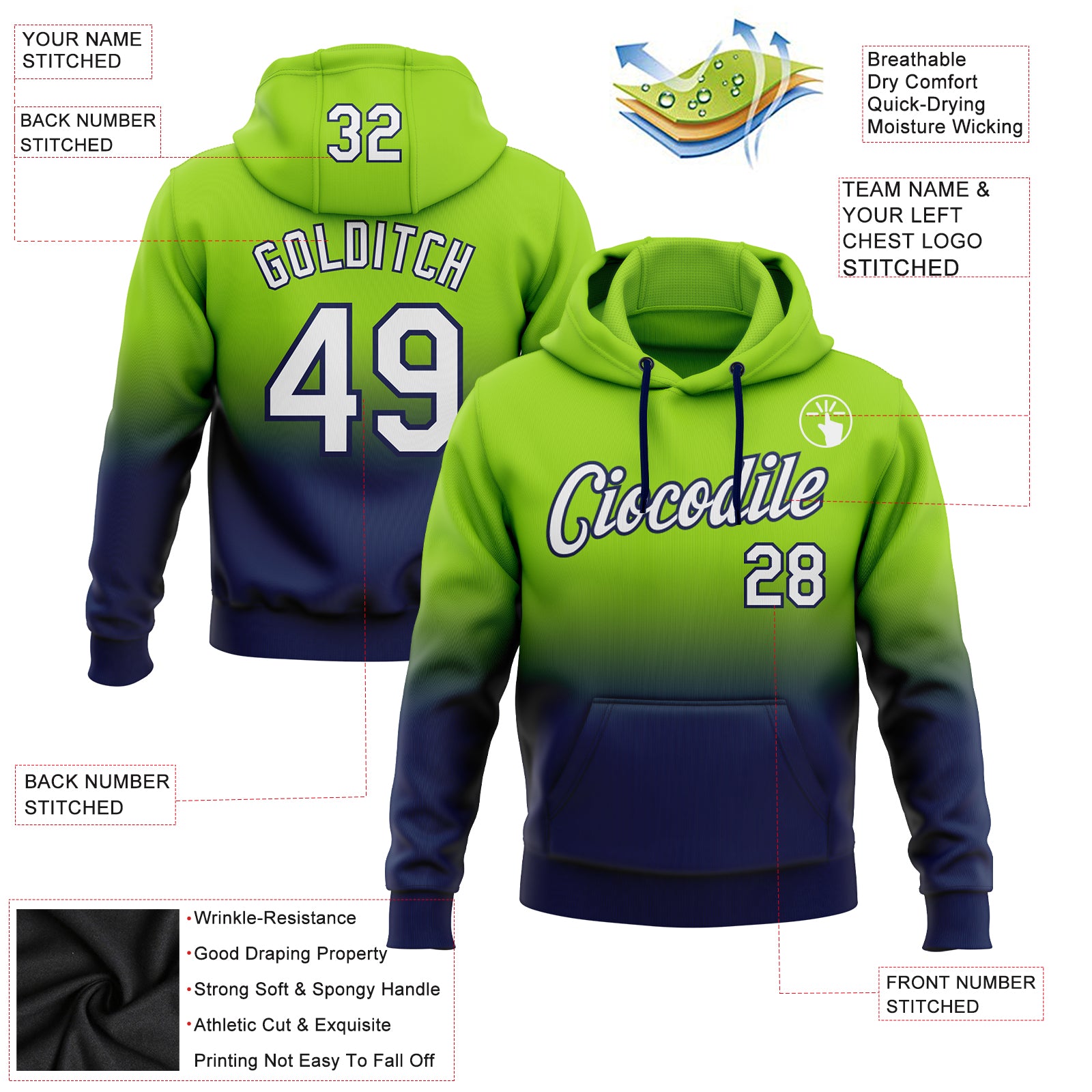 Personalized Stitched Neon Green White-Navy Fade Fashion Sports Pullover Sweatshirt Hoodie Team Custom Name and Number Custom Stitched Hoodie with Team Name & Number - Neon Green White-Navy Fade Fashion Sports Pullover Sweatshirt Personalized - Image 2
