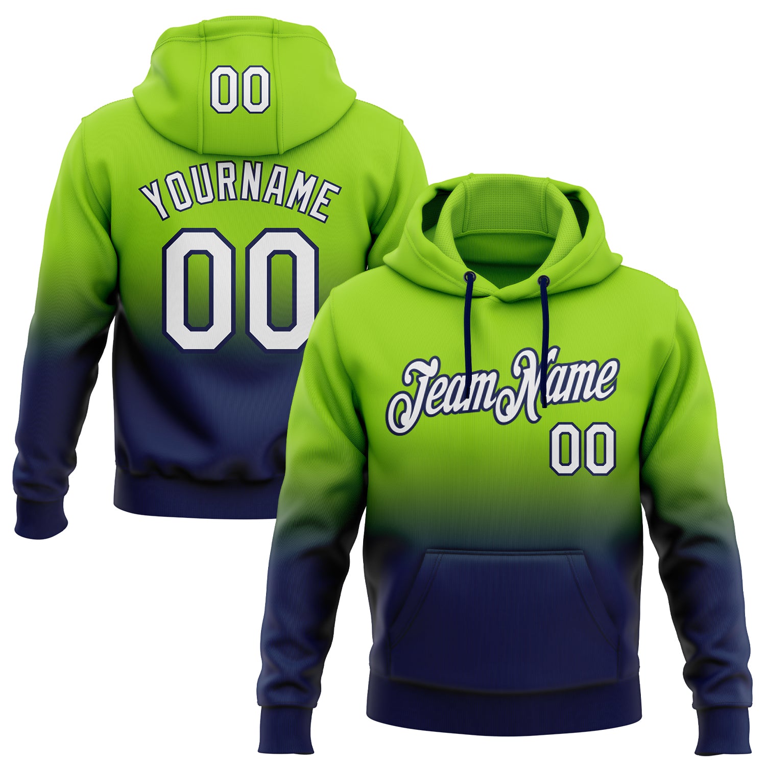 Custom Stitched Hoodie with Team Name & Number - Neon Green White-Navy Fade Fashion Sports Pullover Sweatshirt Personalized