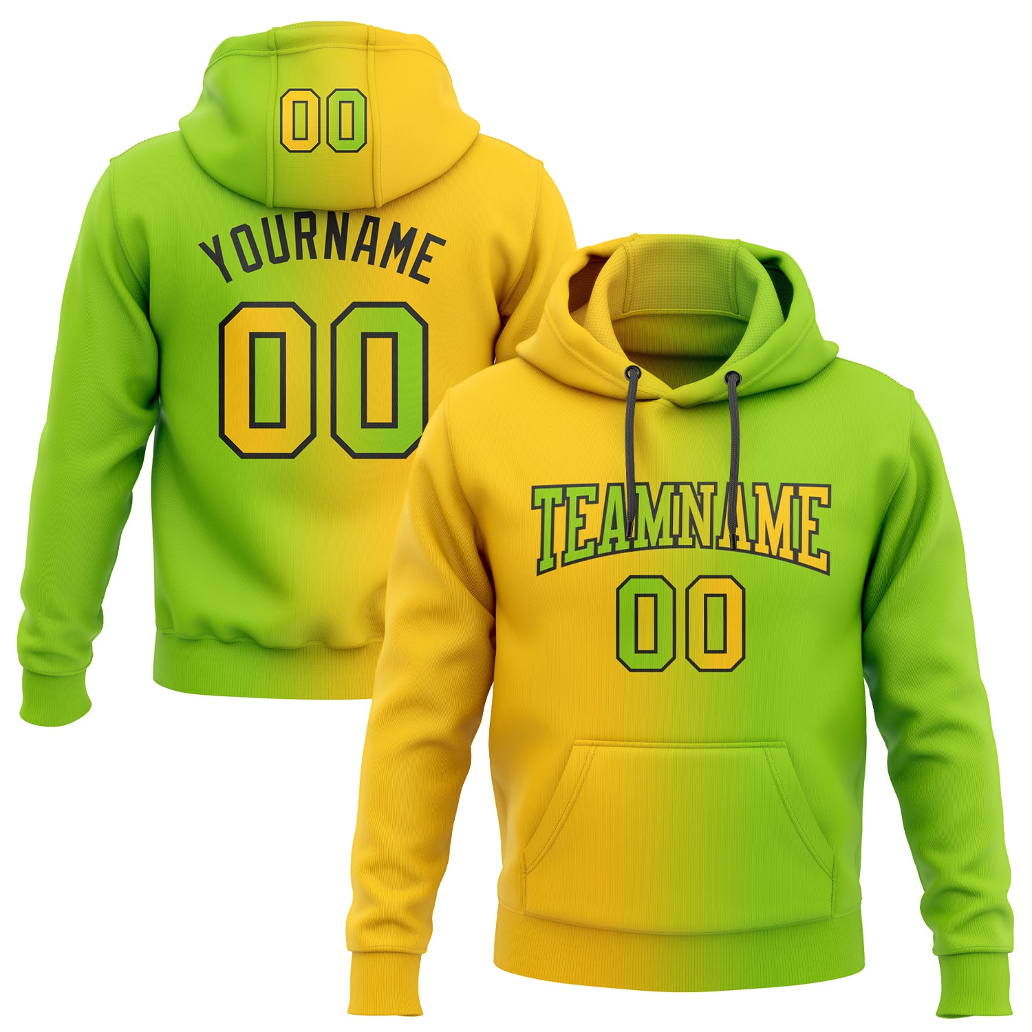 Custom Team Hoodie with Personalized Name and Number in Neon Green Yellow-Black Gradient Pullover Sweatshirt Personalized