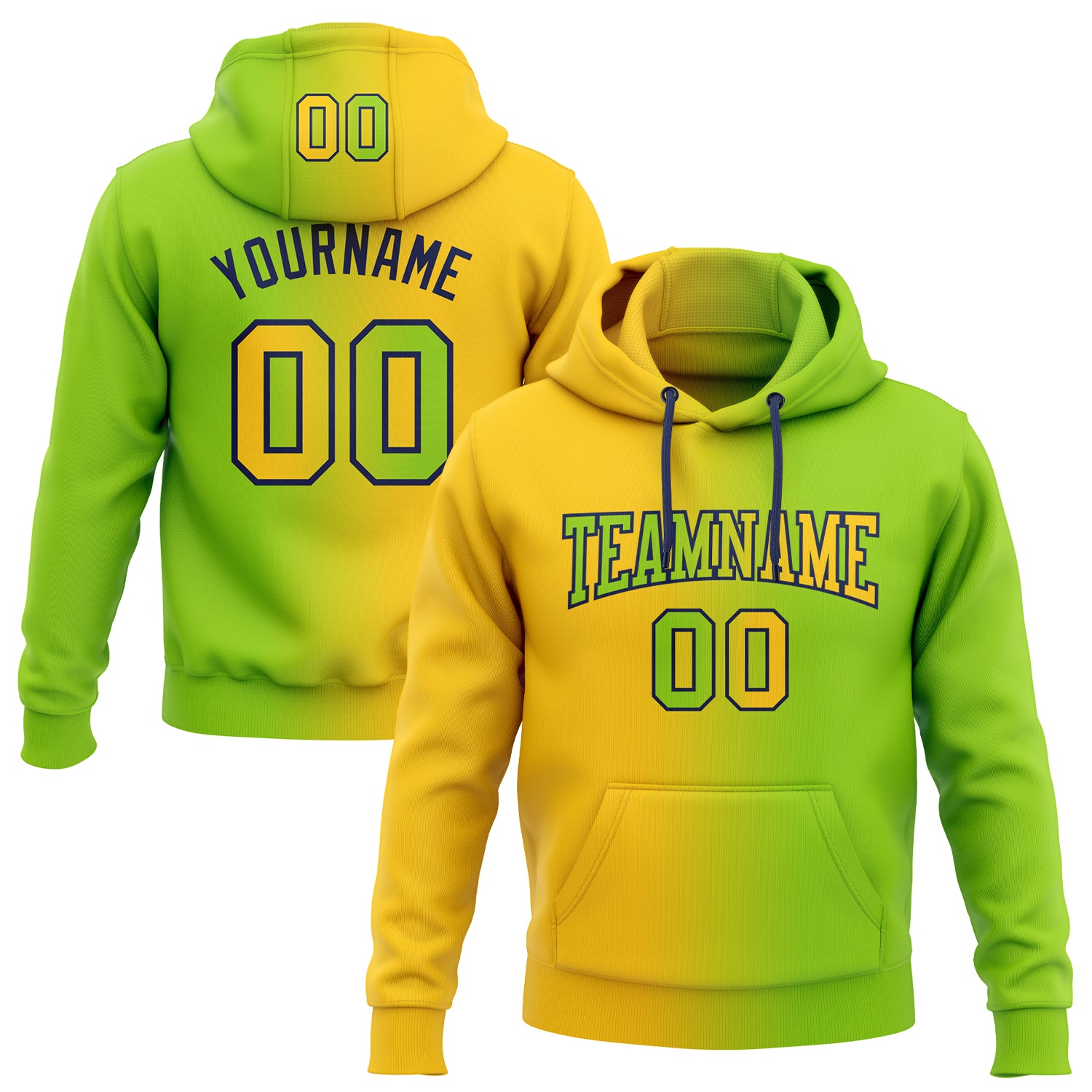 Custom Neon Green Yellow-Navy Gradient Pullover Hoodie with Personalized Name & Number - Fashion Sports Sweatshirt Personalized