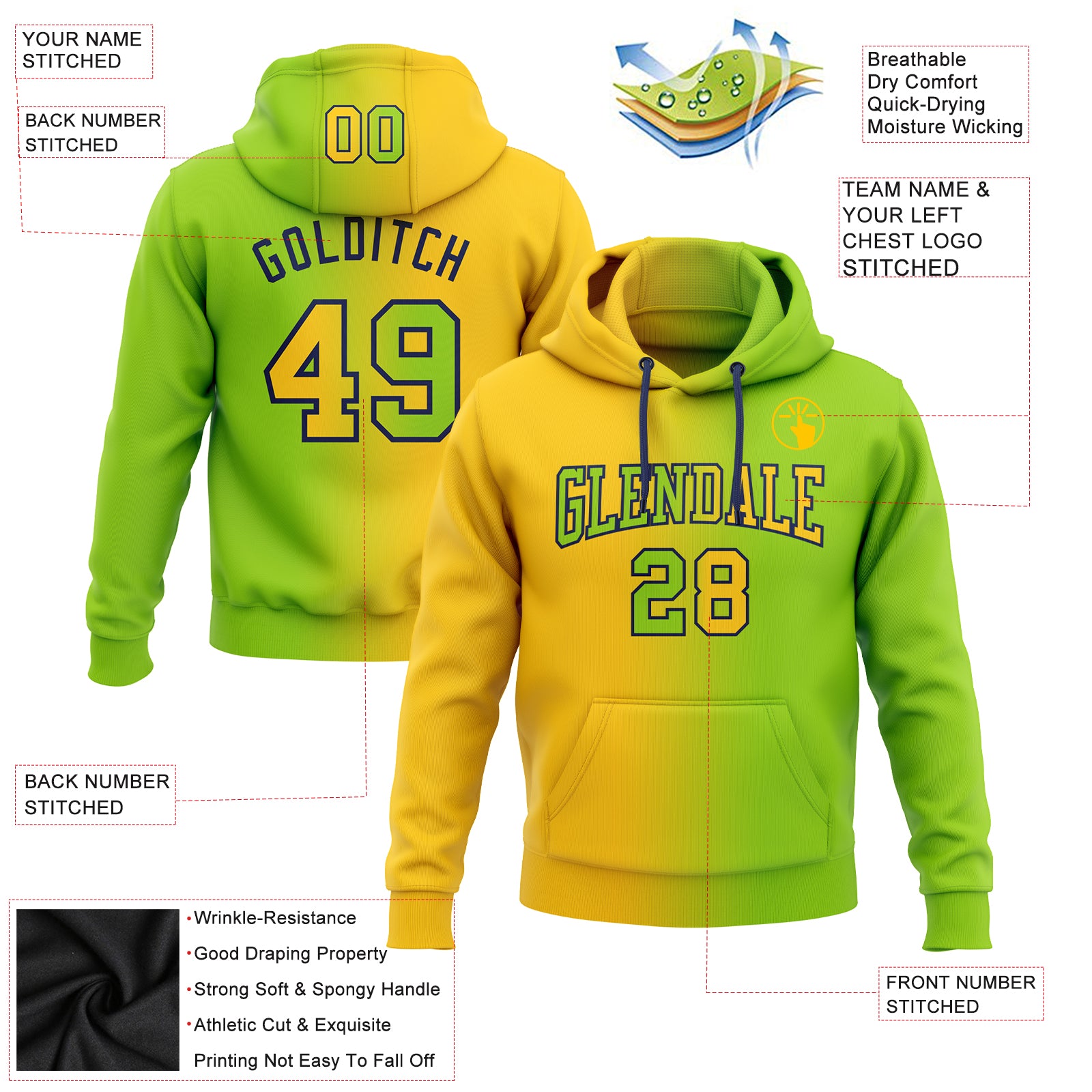 Personalized Stitched Neon Green Yellow-Navy Gradient Fashion Sports Pullover Sweatshirt Hoodie Team Custom Name and Number Custom Neon Green Yellow-Navy Gradient Pullover Hoodie with Personalized Name & Number - Fashion Sports Sweatshirt Personalized - Image 2