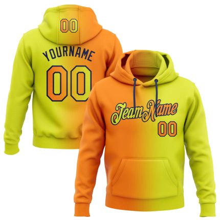 Custom Name and Number Sports Hoodie, Personalized Neon Yellow Bay Orange-Navy Gradient Pullover Sweatshirt Personalized