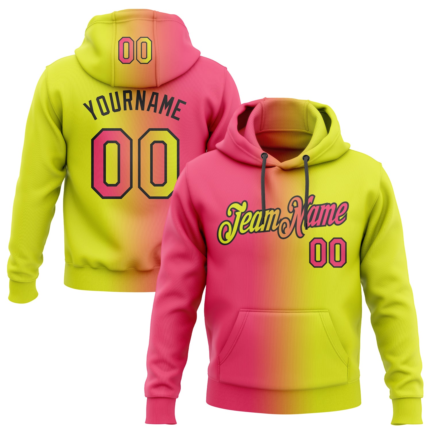 Custom Name and Number Stitched Neon Pink Black Gradient Sports Hoodie Sweatshirt - Personalized Pullover for Team Apparel