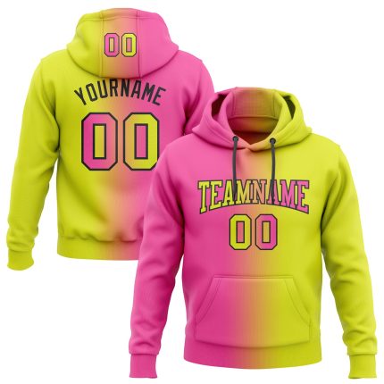 Custom Name and Number Sports Hoodie Pullover - Personalized Neon Yellow Pink-Black Gradient Sweatshirt Personalized Stitched