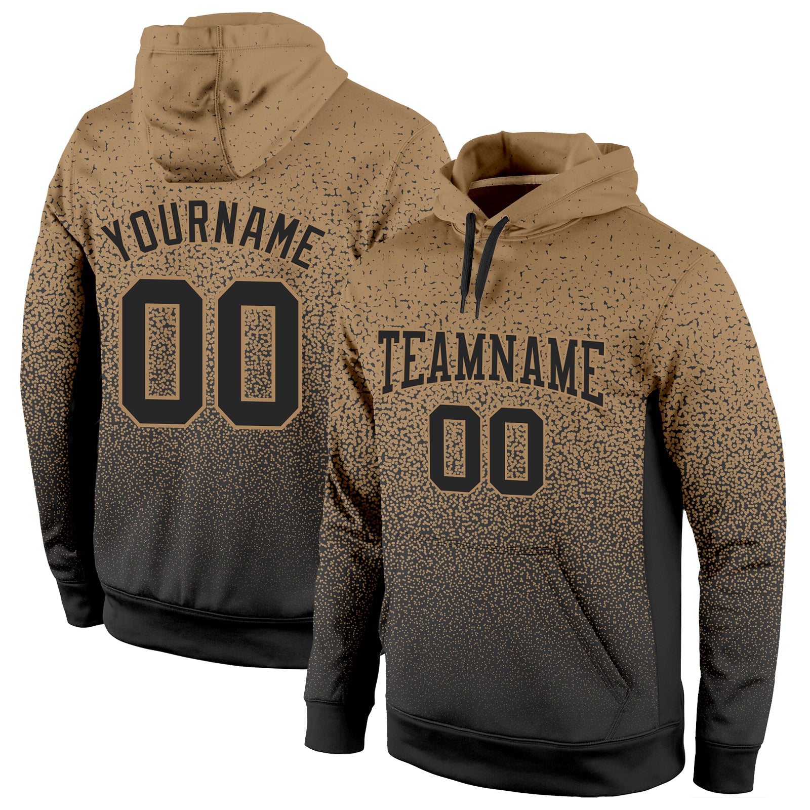 Custom Sports Hoodie with Personalized Name and Number, Old Gold and Black Fade Pullover Sweatshirt Personalized Stitched