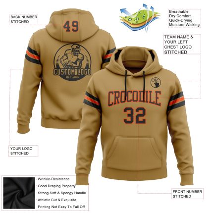 Custom Name Number Old Gold Black Orange Football Hoodie Stitched Pullover Sweatshirt for Team Personalized Stitched Old