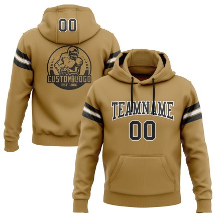 Custom Football Hoodie with Personalized Name and Number - Stitched Old Gold Black-White Pullover Sweatshirt Personalized