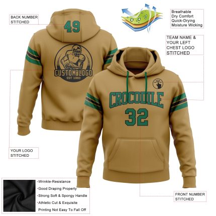 Custom Name & Number Old Gold Green-Black Football Hoodie Sweatshirt Pullover - Personalized Team Apparel Personalized Stitched