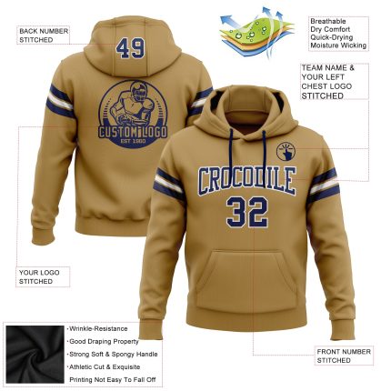 Custom Team Name Number Hoodie Sweatshirt for Football - Personalized Stitched Old Gold Navy-White Pullover Personalized