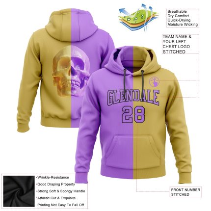 Custom 3D Skull Hoodie for Sports - Personalized Old Gold Purple-Black Pullover Sweatshirt with Name and Number Personalized